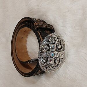 Justin Boots Black/Brown Leather Belt Rinestone Cross Buckle